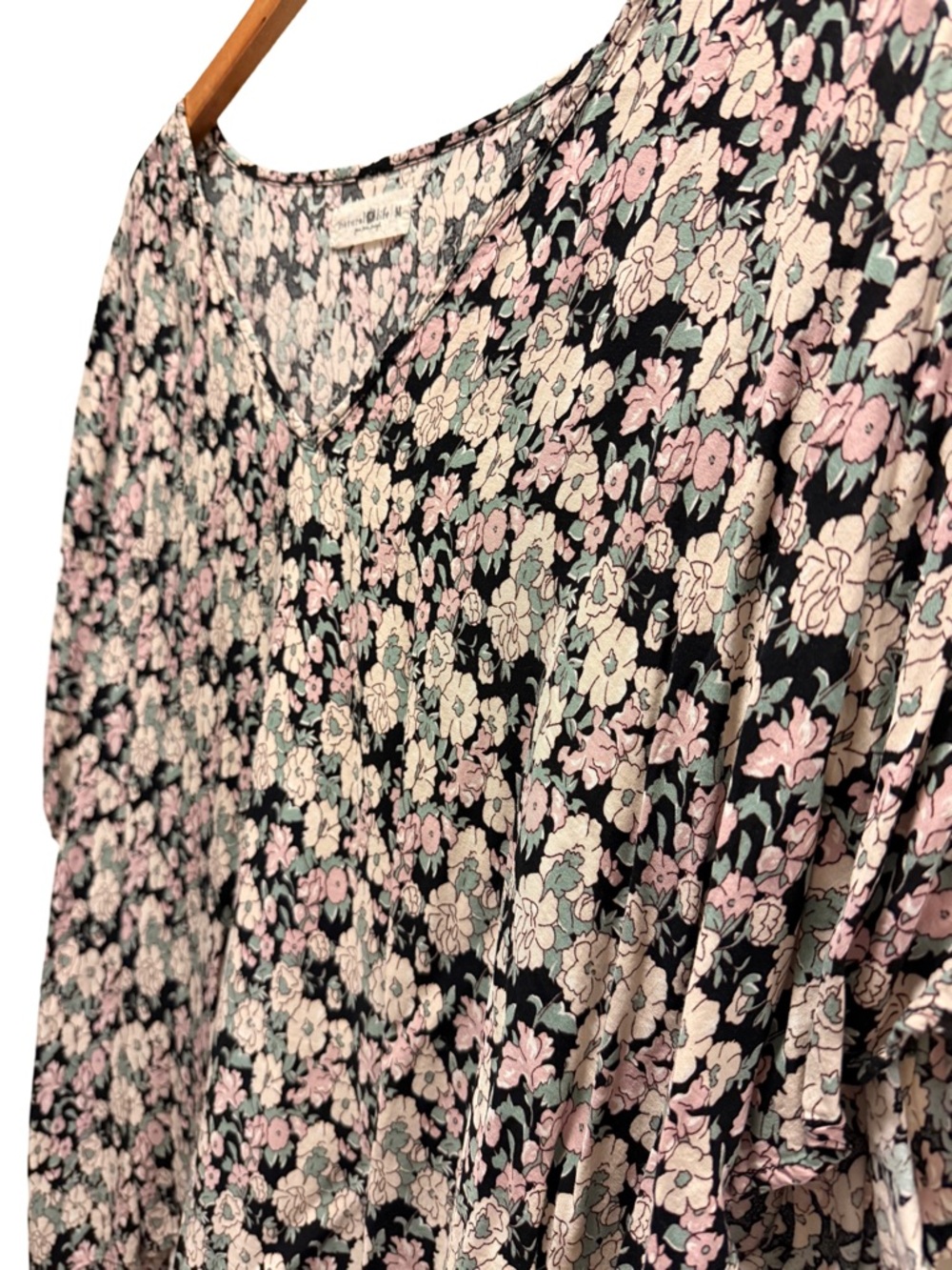 Natural Life Easy V-Neck Top | Black Pink Floral Boho Dolman Blouse M - Picture 5 of 8